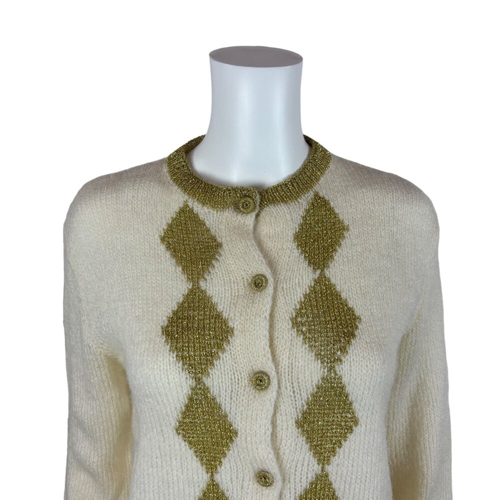 Vintage 80s Metallic Cardigan Women's Large Gold Harlequin Diamonds Sweater - Picture 3 of 8
